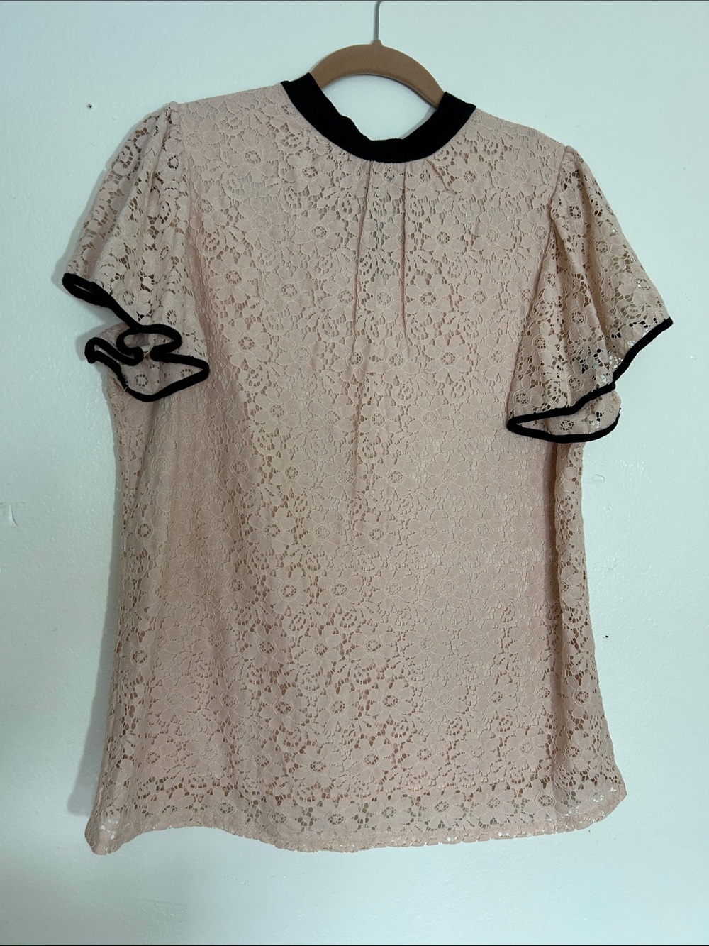 Cream Lace Blouse with Black Trim Detail